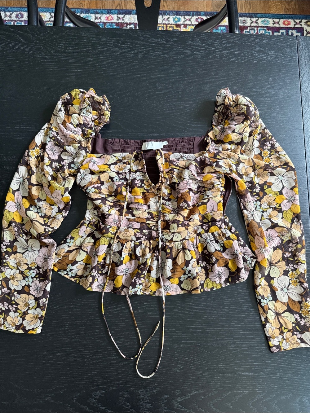 Astr Brown Multi Floral Puff-Sleeve Peplum Blouse